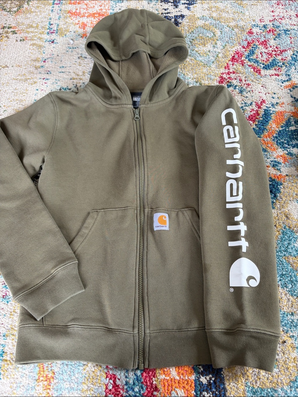 Carhartt Kids Olive Zip-Up Hoodie with White Sleeve Logo